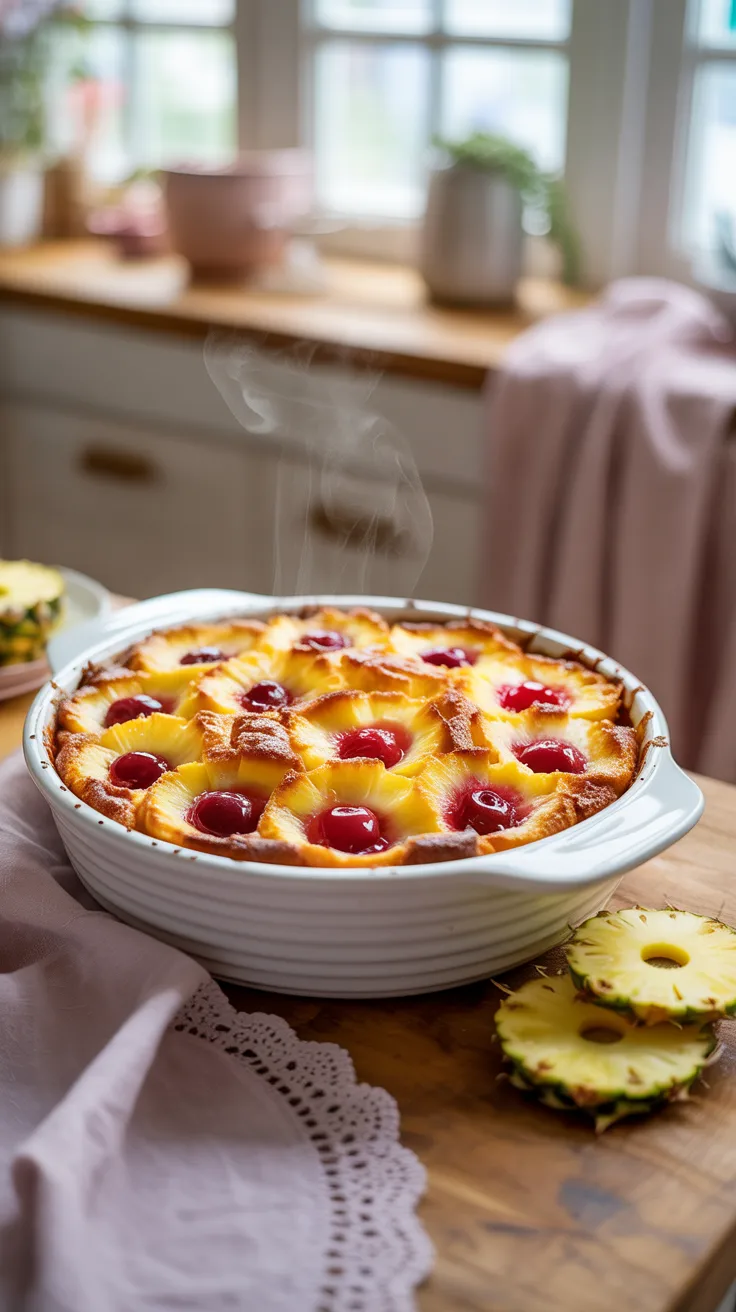 Pineapple dump cake with cherry variation served in a pretty baking dish with fresh pineapple garnish