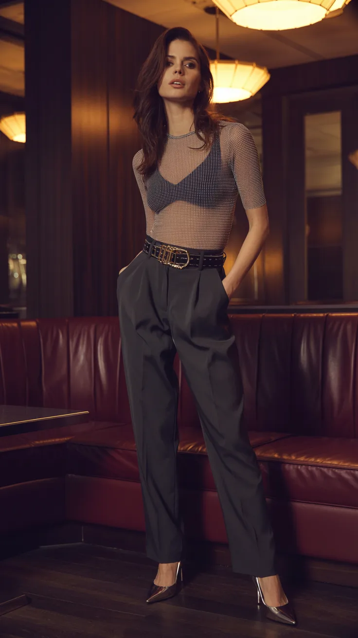 Woman wearing fitted mesh top with shimmer tucked into tailored black trousers in dimly lit upscale lounge