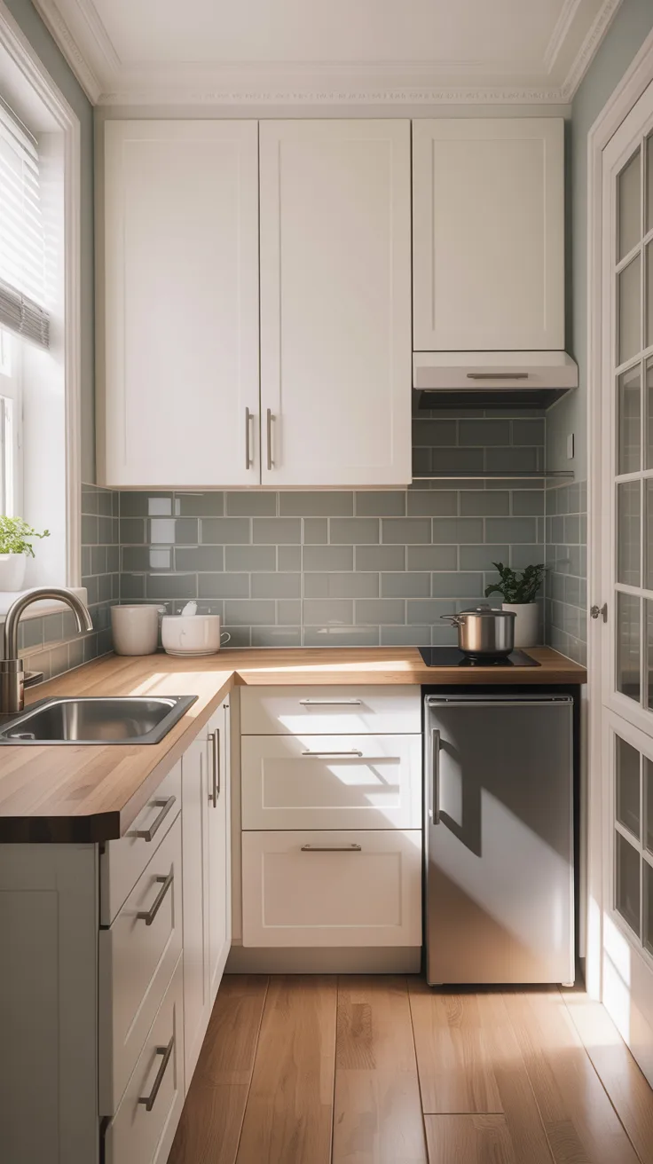 A modern kitchen interior with white shaker-style cabinets and wooden butcher block countertops. The kitchen features a sage green subway tile backsplash extending from the counter to the upper cabinets. A stainless steel undermount sink is installed on the left side, with a modern chrome faucet. The upper cabinets are mounted at standard height while lower base cabinets are installed at a lower height for accessibility. A stainless steel refrigerator stands at the end of the counter, and a small black electric cooktop is installed on the counter. The flooring is light oak hardwood planks running horizontally. Natural sunlight streams in from a window on the left, casting shadows on the counter. A small potted plant sits on the counter near the cooktop. The walls are painted in a light gray color, and white crown molding runs along the ceiling. The cabinet hardware consists of long silver bar handles mounted vertically on the drawers and cabinet faces. The overall layout is a galley-style kitchen with cabinets on both sides and a clear pathway through the center.