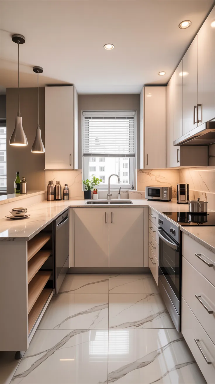 A modern, minimalist kitchen interior with a U-shaped layout. The kitchen features light beige cabinets with silver handles and a white marble-effect backsplash. A large window with white horizontal blinds is centered on the far wall, allowing natural light to enter. The floor is covered in large-format white marble-effect tiles with gray veining that runs throughout the space. Three silver cone-shaped pendant lights hang from the ceiling, evenly spaced. The countertops are white marble with subtle gray veining. Built-in stainless steel appliances include a dishwasher, oven, and microwave. Open shelving with a natural wood finish is visible on the left side of the kitchen. Small decorative items include a green plant in a white pot on the windowsill, and several copper-colored kitchen accessories on the counter. The kitchen has recessed LED downlights in the ceiling, creating warm ambient lighting. The overall color scheme consists of whites, beiges, and silvers, with metallic accents from the hardware and appliances.