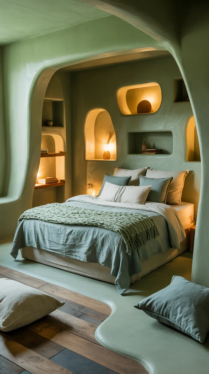 cozy bedroom in sage green and dusty blue tones, soft layered bedding, warm light, calm aesthetic