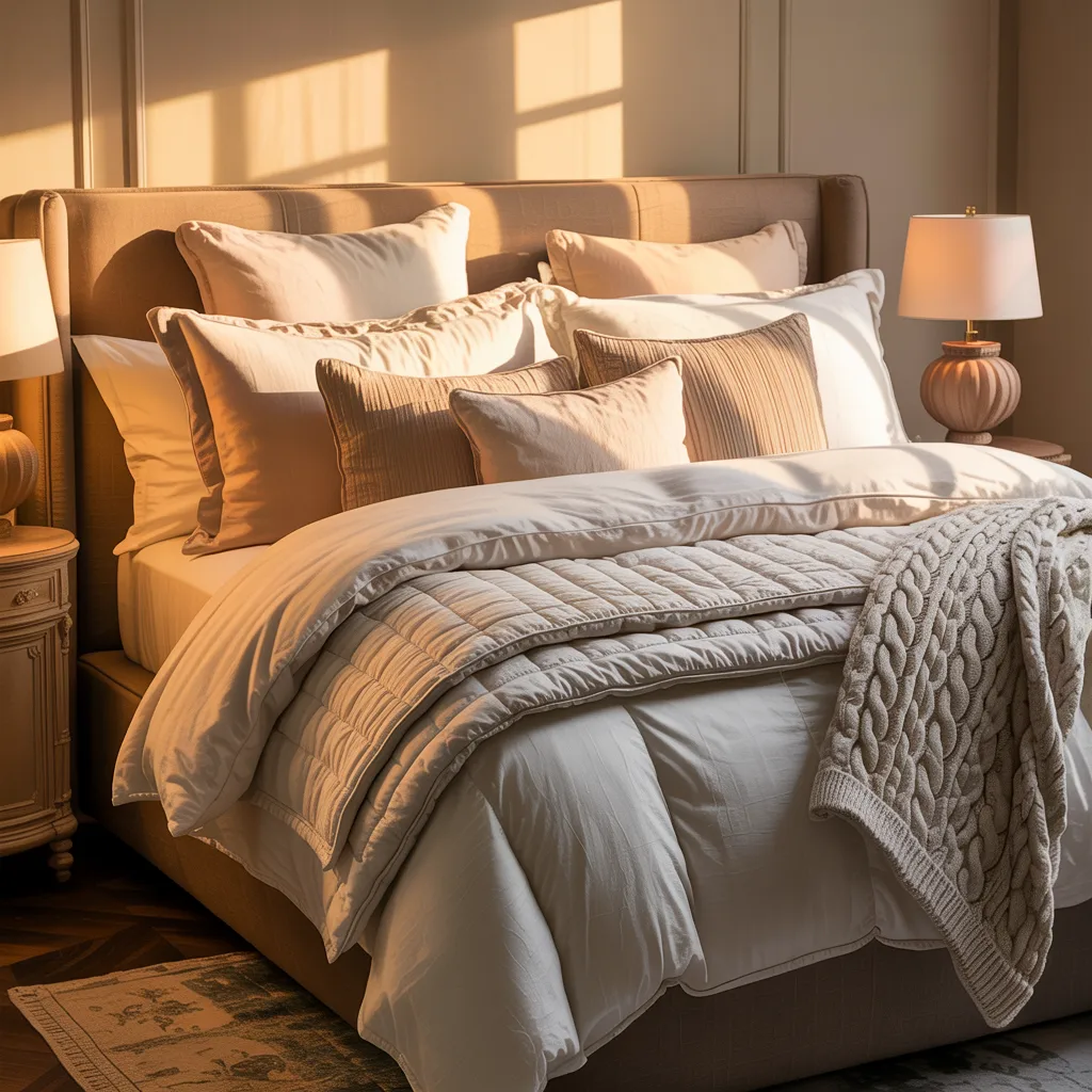 A luxurious cozy bedroom bed styled with abundant layered bedding, fluffy duvet, soft linen sheets, quilt folded at the foot of the bed, oversized neutral pillows in different textures, chunky knit throw blanket, upholstered headboard, warm morning light spilling across the bed, realistic editorial interior photography, warm beige and cream palette, ultra inviting, soft shadows, refined.