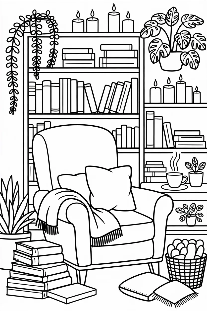 Cozy reading nook coloring pages free printable