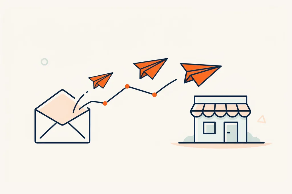 Illustration of an open envelope releasing paper planes toward a storefront with a rising graph