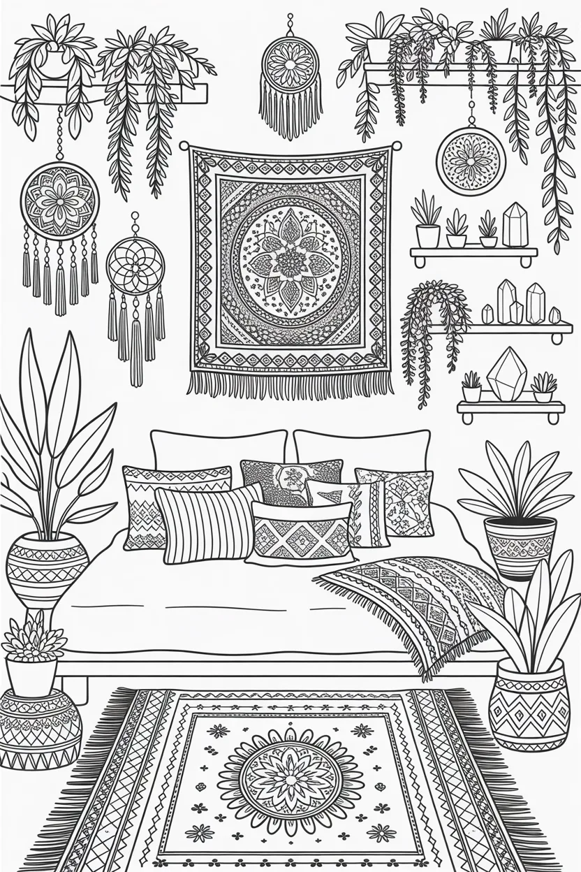 Boho style room coloring pages free printable
