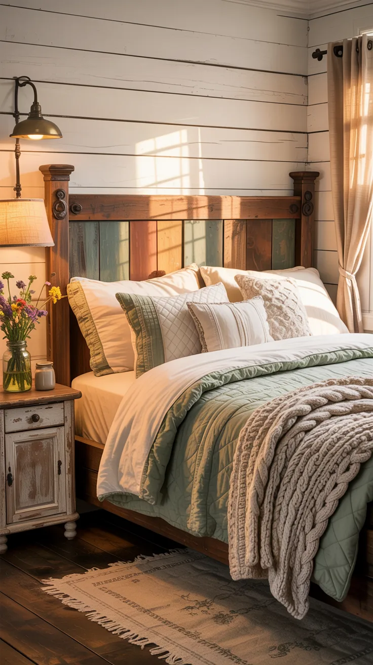 farmhouse cozy bedroom with rustic wood bed frame, vintage lamp, soft quilted bedding, shiplap wall backdrop, warm afternoon light, charming and nostalgic