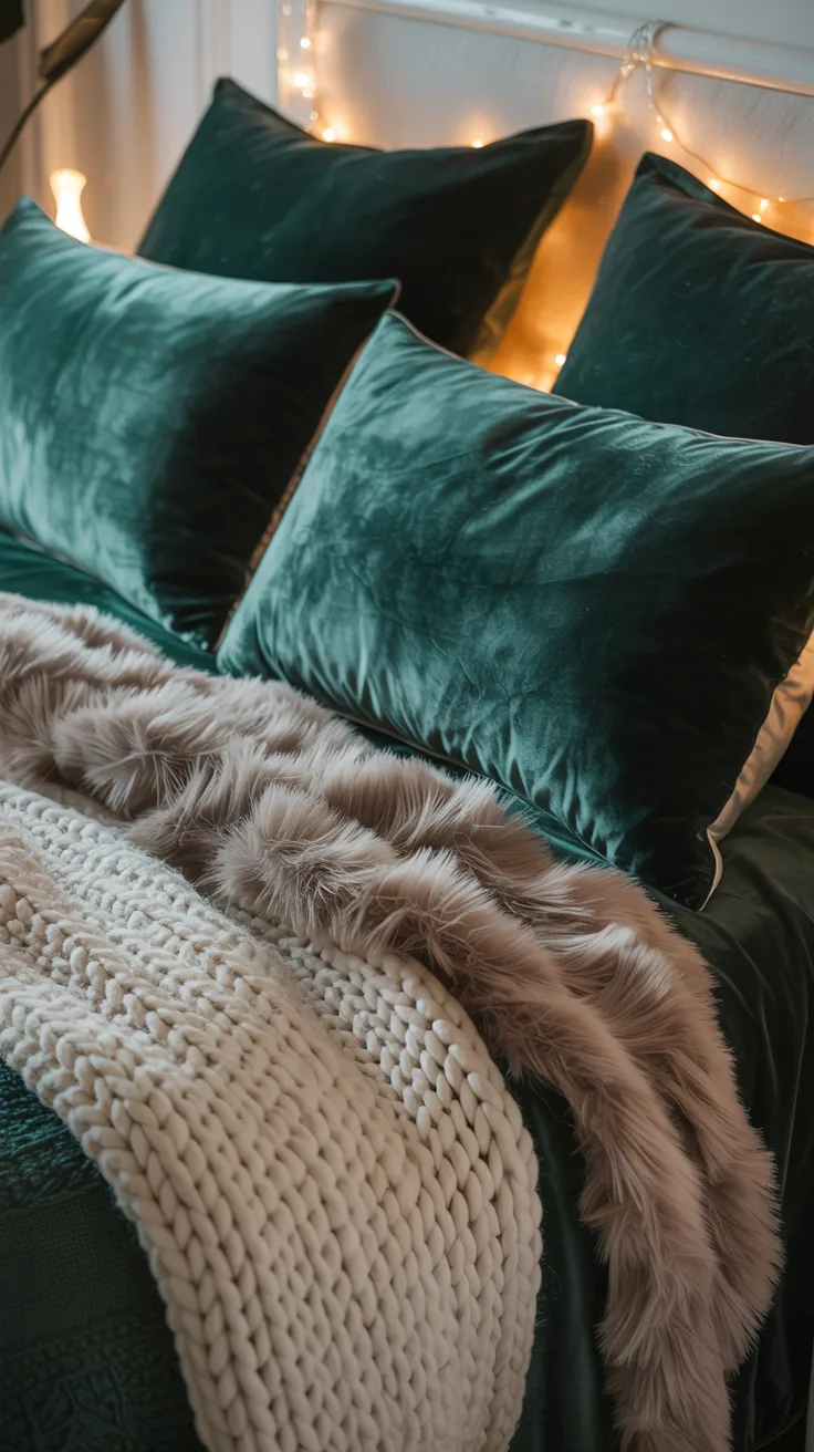  ultra textured cozy bed styling featuring velvet pillows, chunky knit throw, faux fur accents, soft lighting, close-up detail