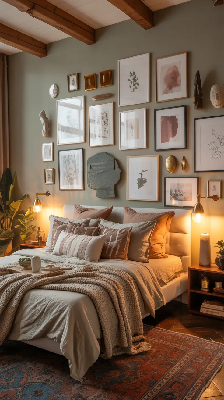 cozy bedroom with curated gallery wall above bed, warm lighting, layered bedding, muted art tones