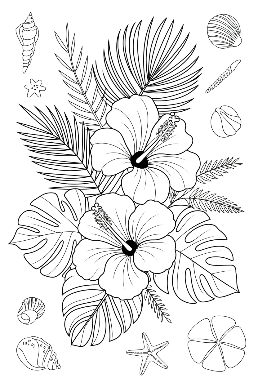 Hibiscus flowers coloring pages free printable