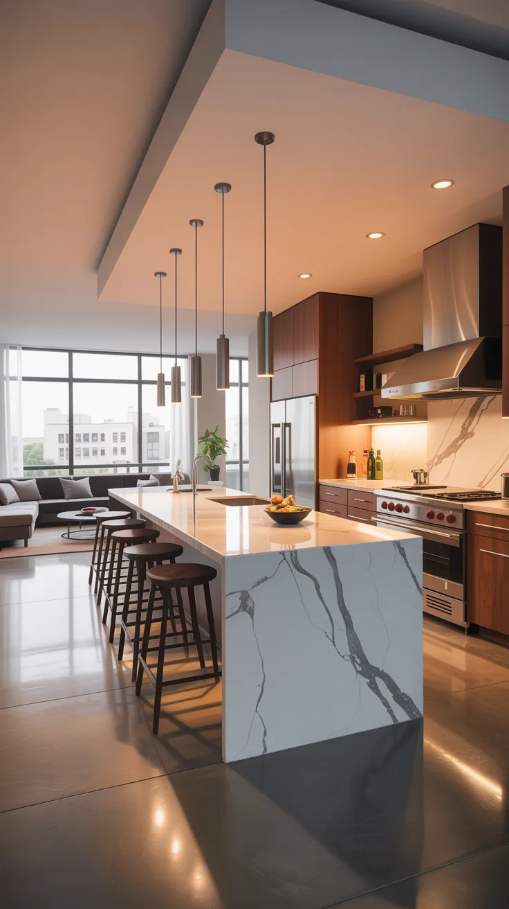 A modern luxury kitchen interior with a long white marble island featuring dramatic gray veining. The island has a waterfall edge design and is equipped with a built-in sink. Five cylindrical black pendant lights hang from the ceiling above the island. The kitchen has dark wood upper and lower cabinets with a stainless steel range hood and professional-grade stainless steel appliances. The floor is polished concrete in a warm brown tone, with recessed lighting in the ceiling creating a warm ambient glow. Large floor-to-ceiling windows on the left side show a city view. The kitchen features a professional-grade stainless steel range with multiple burners. A small potted plant sits on the windowsill, and a bowl of fresh fruit rests on the island. The ceiling has a tray design with a warm pink-tinted lighting effect. The overall color scheme consists of white, dark wood, black, and warm metallic tones, creating a contemporary urban aesthetic.