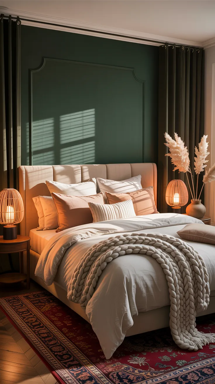 bedroom with deep green accent wall behind bed, layered neutral bedding, warm bedside lamps, textured throw blanket, dramatic yet cozy mood