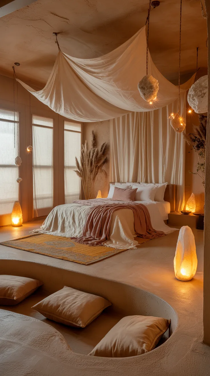 dreamy sanctuary bedroom with soft canopy drapes, warm glowing lamps, layered neutral bedding, plush rug, soft golden light, intimate cinematic mood, emotional and inviting