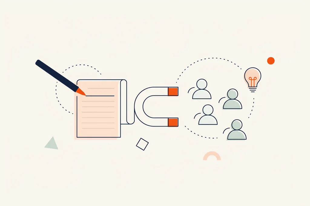 Illustration of a pen writing a document that becomes a magnet attracting people