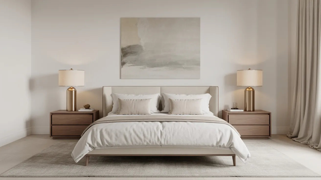 A symmetrical modern bedroom with calm, balanced styling, centered bed, matching nightstands, identical lamps, large centered artwork, soft neutral palette, quiet luxury aesthetic, crisp and refined layout, clean and elegant designer feel