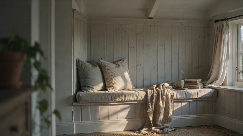 Deep window seat reading nook at golden hour with a linen cushion, pillows, a knitted throw, a small round side table with a mug and a stack of books, inside a three-sided paneled alcove