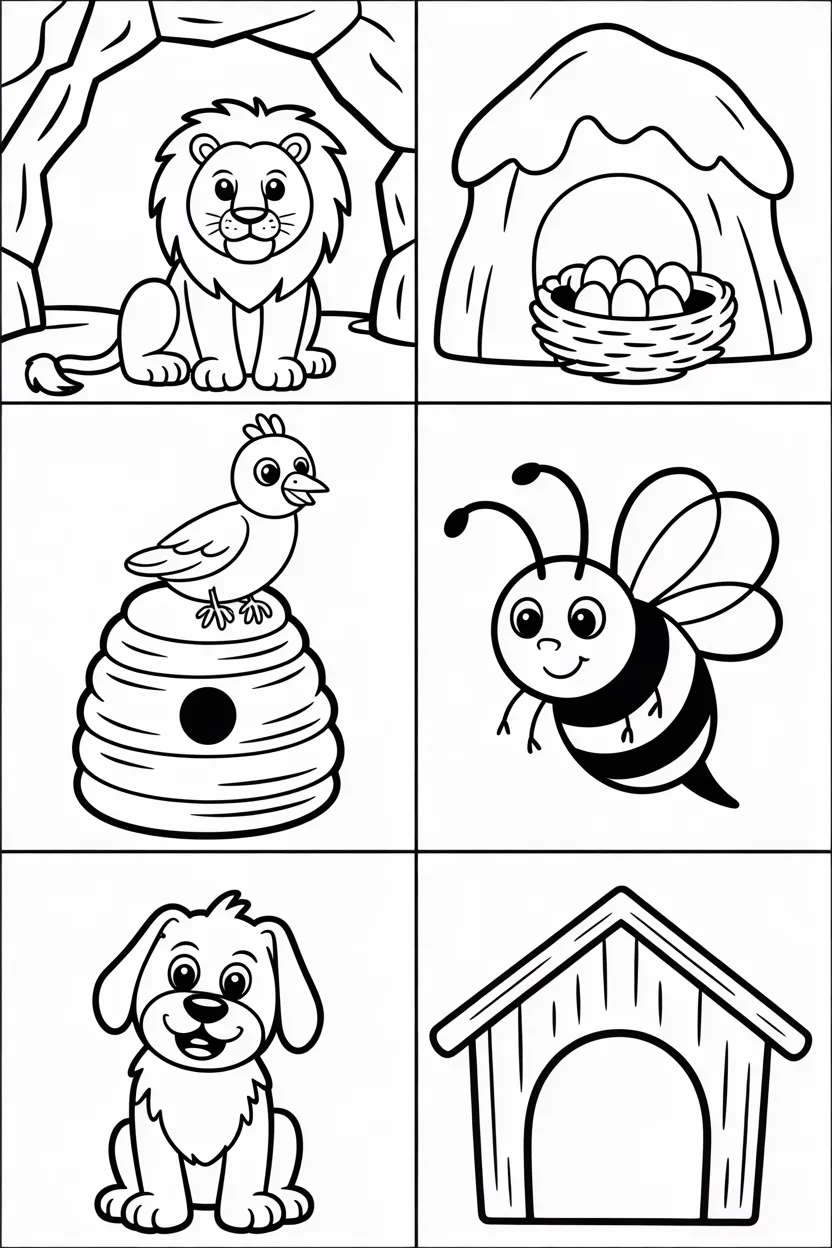 Animal Homes Coloring Pages Kids Printable Worksheet