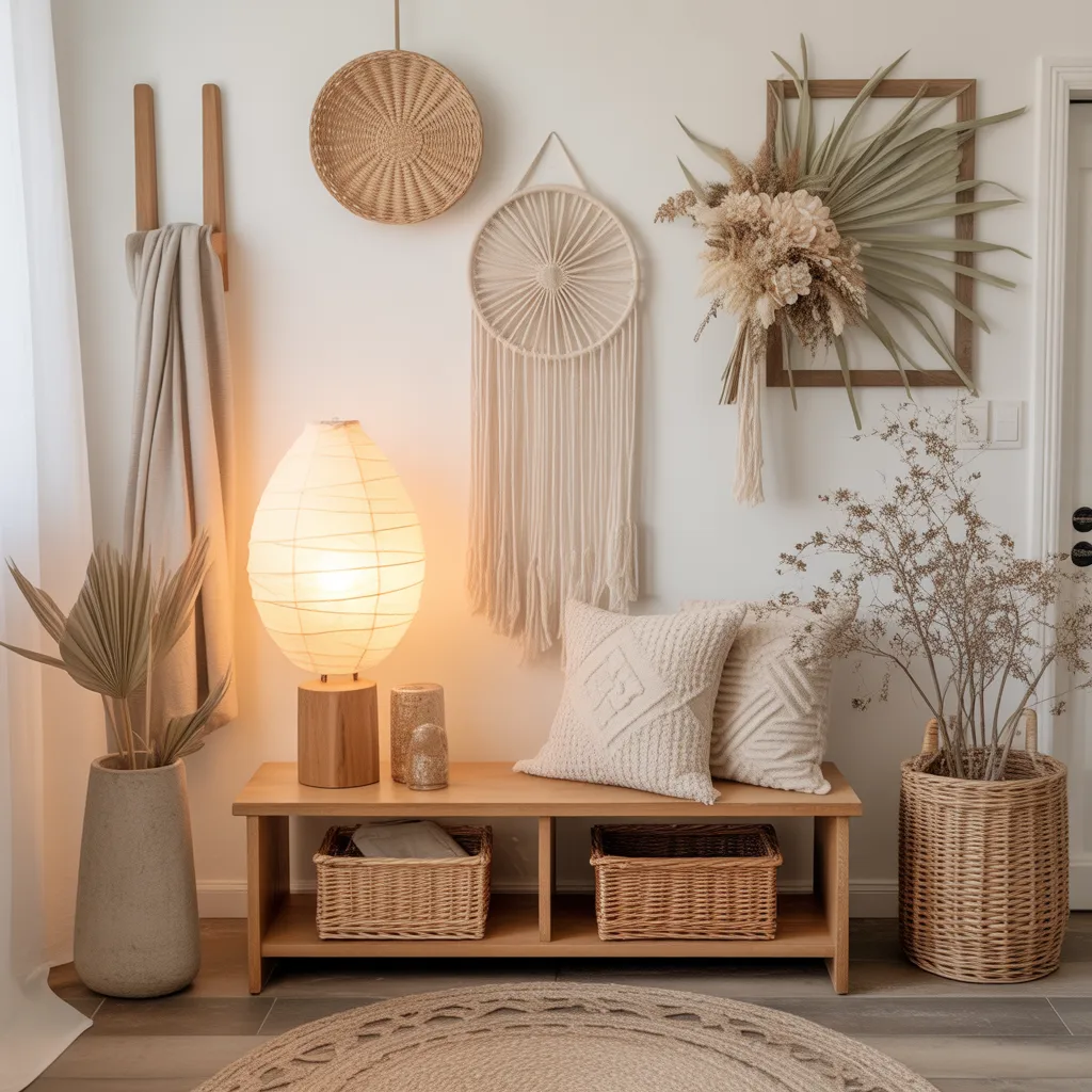 Fully layered boho patio with outdoor rug, wicker furniture with mixed cushions, macrame wall hanging, potted plants and warm Edison string lights creating a dreamy outdoor oasis