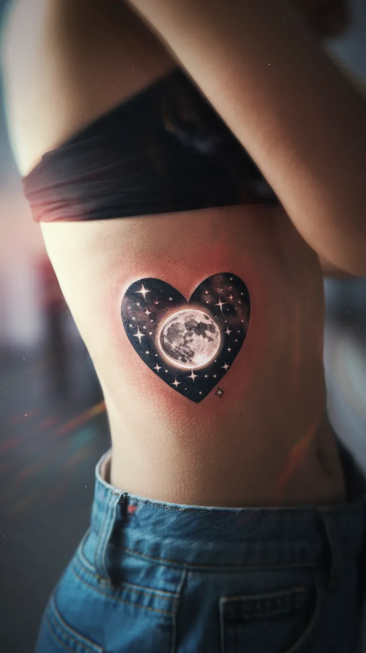 Extreme close-up of a transparent heart tattoo on a woman's ribs, with a glowing full moon and tiny stars visible inside it. Soft, dreamy lighting with a faint glow effect. Magical and unique.