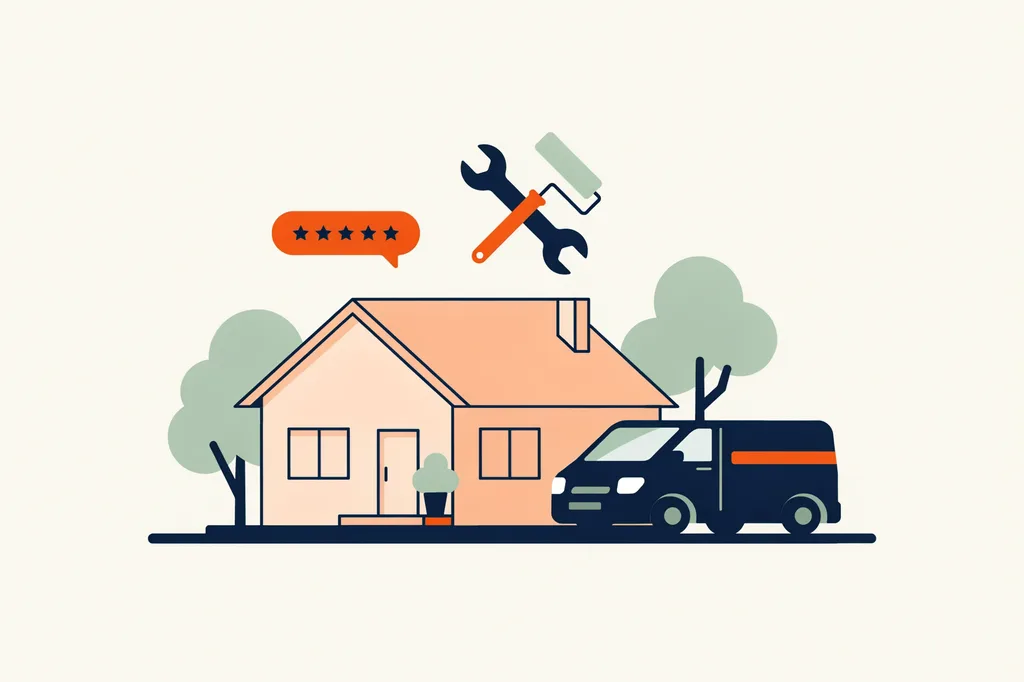 Illustration of a house with a work van, tools, and a five-star review bubble