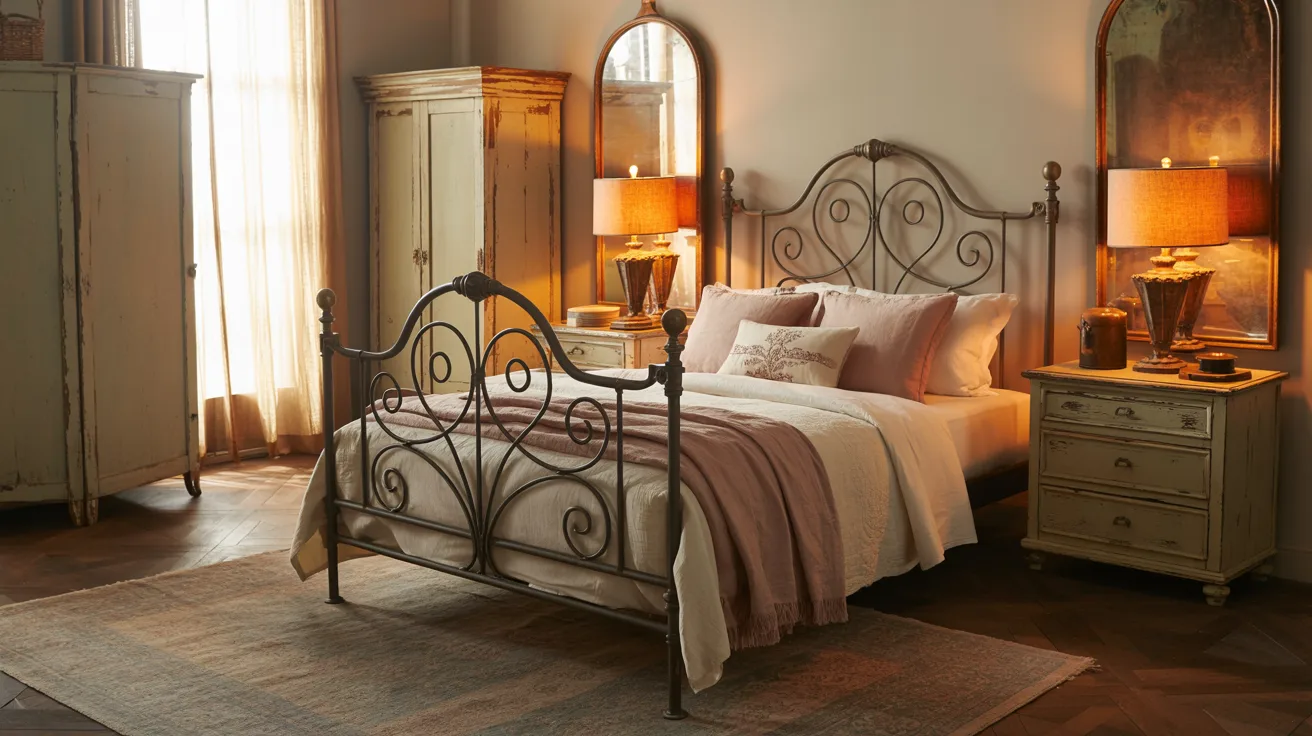 A vintage bedroom full of character-rich details, an iron bed, distressed wood furniture, an aged brass mirror, old-world lamps, soft textiles, a warm and soulful atmosphere, and elegant and nostalgic bedroom styling