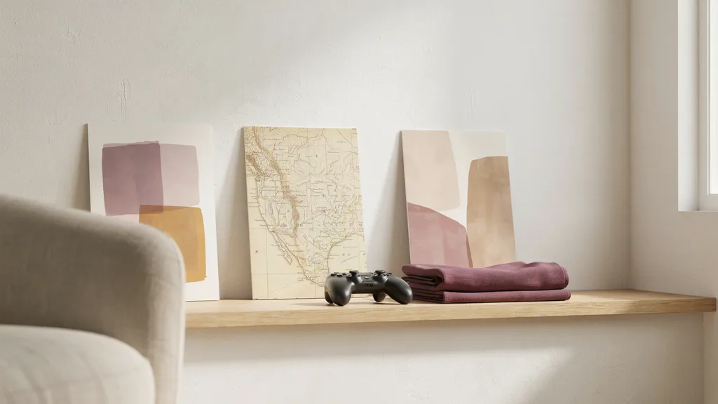 Three unframed matte art prints in geometric and map styles leaning against a pale wall above a shelf holding a controller and a folded plum throw blanket