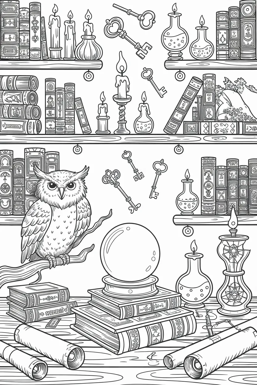 magical wizard study coloring pages