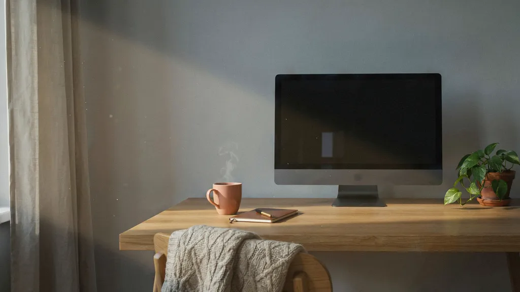 A dark switched-off monitor at dawn with a warm mug beside it, a quiet gaming room after a session ended well