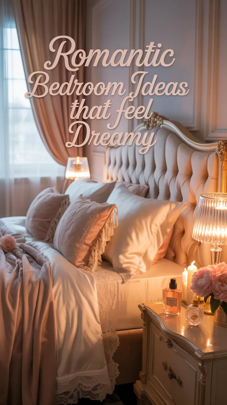A dreamy romantic bedroom in soft blush, ivory, and champagne tones, plush upholstered headboard, layered bedding, soft glowing bedside lamps, flowing curtains, delicate textures, elegant feminine decor, warm candlelight mood, realistic interior photography, luxurious and cozy atmosphere, graceful styling, peaceful and intimate