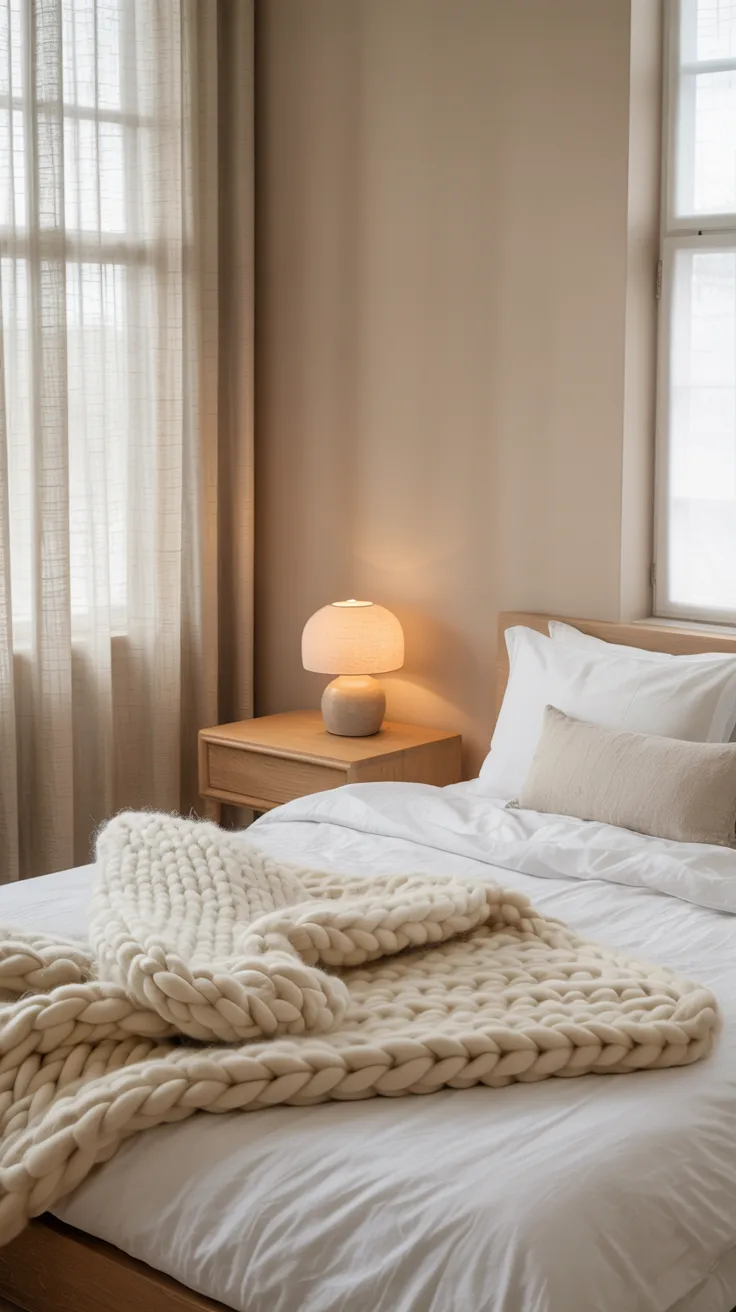 minimalist cozy bedroom with soft beige walls, clean bedding, one chunky knit throw, simple wood nightstand, single warm lamp, uncluttered but inviting, Scandinavian-inspired styling, soft natural window light, high-end