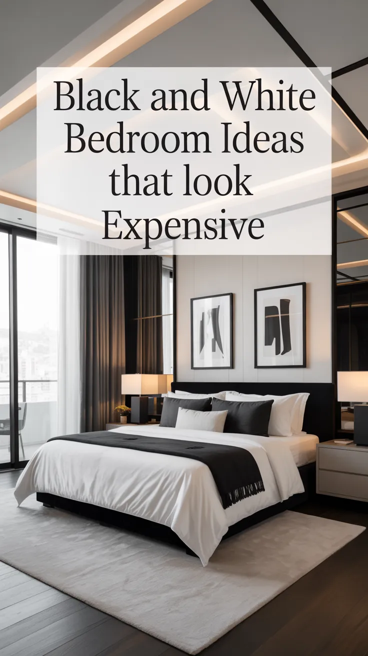 A chic black and white bedroom,  crisp white bedding with black accents, black framed art, modern lighting, clean lines, soft rug, subtle wood details, stylish monochrome decor, bright and polished interior design, balanced composition, elegant and timeless, modern luxury bedroom aesthetic, refined and uncluttered, strong contrast with warm touches