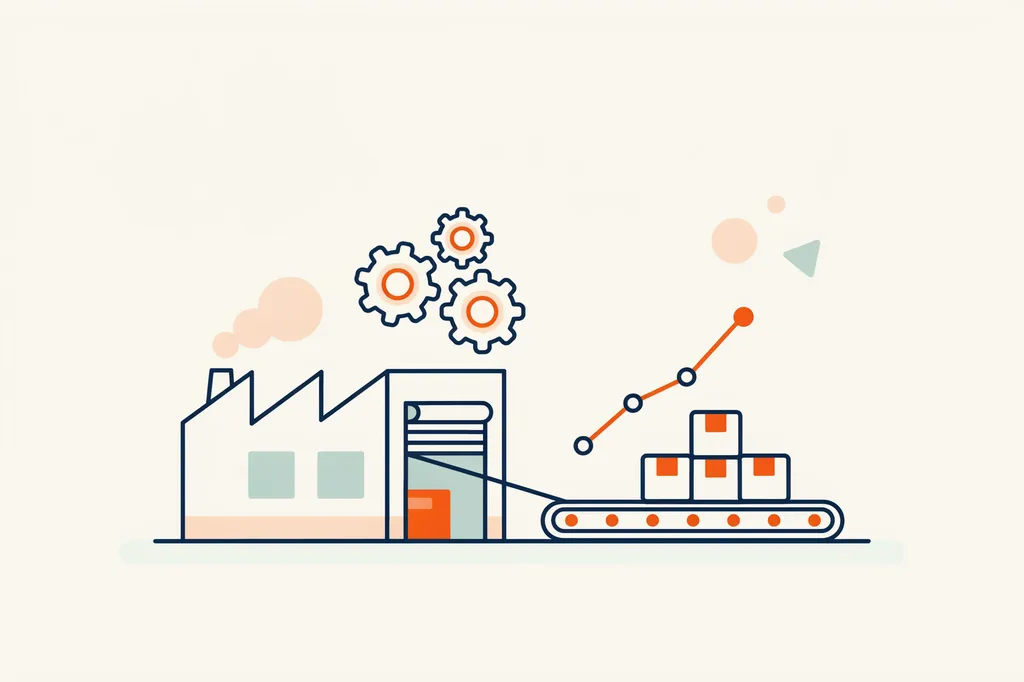 Illustration of a clean factory with gears, a conveyor with boxes, and a rising chart line