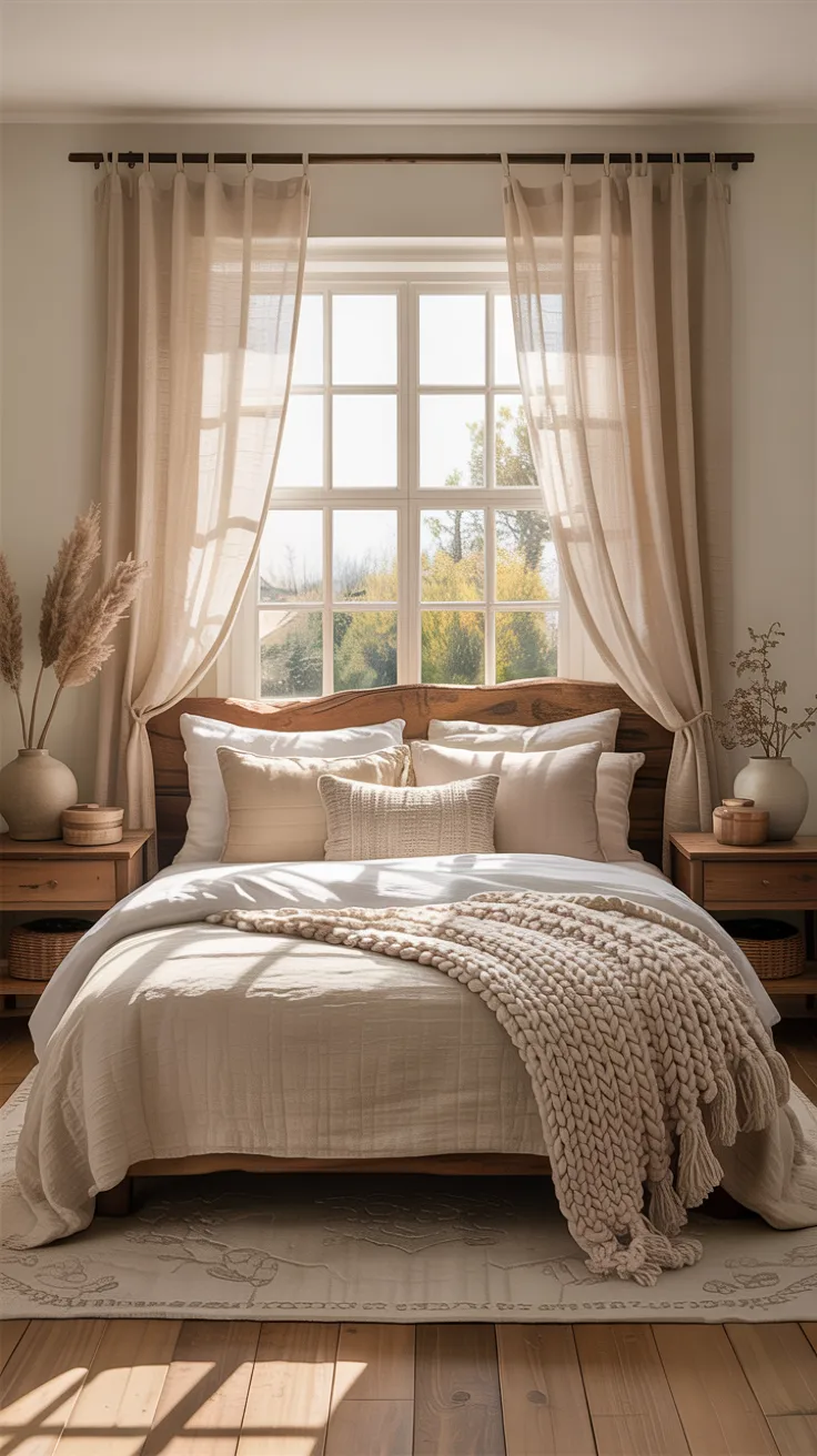 neutral cozy bedroom in beige, cream, and warm white tones, textured bedding, wood accents, linen curtains, soft sunlight, calming aesthetic