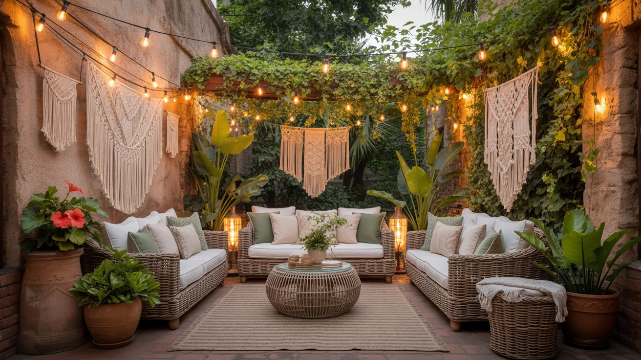 Elegant woman painting vintage patio chair with sage green spray paint in a spring garden with blooming flowers and dappled sunlight