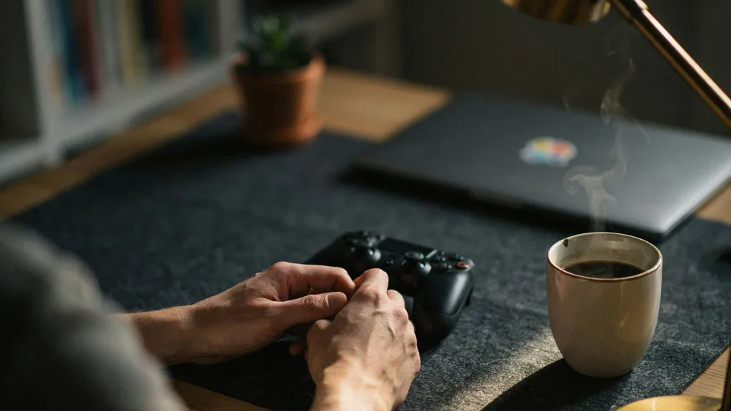 Relaxed hands resting on a desk mat beside a controller and a mug under warm lamplight in a calm gaming space