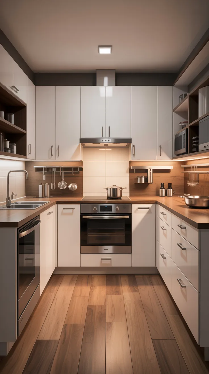 A modern L-shaped kitchen interior with white matte cabinets and warm wooden flooring. The kitchen features a built-in stainless steel oven, a stainless steel range hood, and a stainless steel sink. The countertops are made of dark brown wood, matching the hardwood flooring. The backsplash is tiled with beige rectangular tiles. Open shelving units with dark brown wood doors are mounted on the left wall, containing various kitchen items. The upper cabinets are white with silver handles, and the lower cabinets are also white with matching handles. A stainless steel microwave is mounted on the right wall. The ceiling has recessed lighting, creating even illumination throughout the space. The kitchen is photographed from a straight-on perspective, showing the full length of both walls. The wooden flooring has a natural grain pattern and warm brown tones that complement the overall design scheme. The space is clean and uncluttered, with minimal decorative elements.