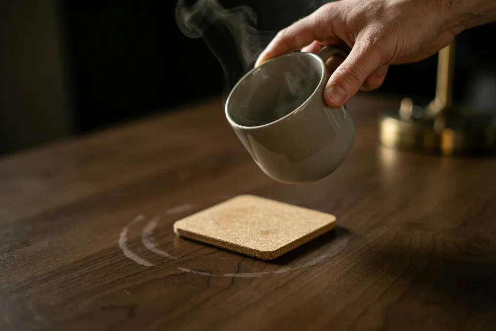 Close-up of a hand lowering a ceramic mug onto a square cork-backed coaster on a dark wood desk, with a faint water ring on the bare wood beside it