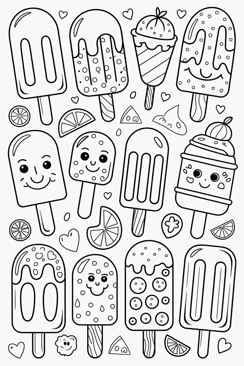 5 Popsicles coloring pages free printable