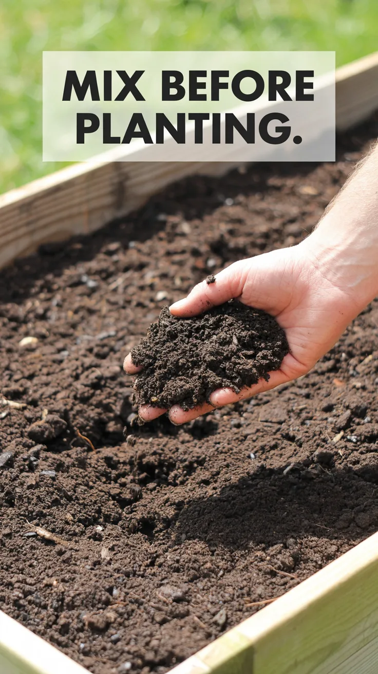 A bright raised garden bed with rich dark soil being mixed with worm castings by hand, natural sunlight, close-up soil texture visible. Add clean bold text overlay at top: “Mix Before Planting.” Minimal, natural, realistic gardening scene.