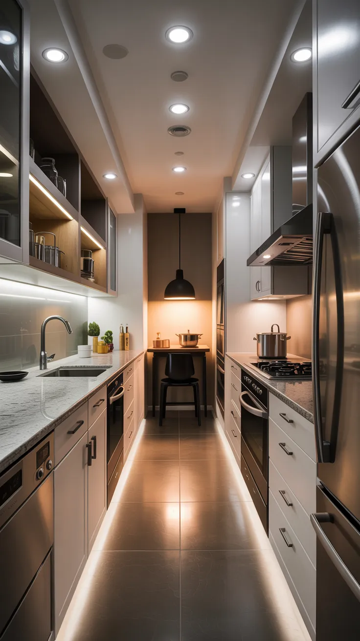 A modern, minimalist galley kitchen with white cabinets and stainless steel appliances. The kitchen has a long, narrow layout with white countertops and backsplash. Recessed LED lighting in the ceiling creates a warm, golden ambiance throughout the space. Under-cabinet lighting illuminates the white surfaces. The floor features large-format gray tiles laid in a linear pattern. On the left side, there is a stainless steel sink with a modern chrome faucet, and a built-in oven. The right side has a stainless steel refrigerator, a gas cooktop, and additional built-in storage. At the far end of the kitchen, there is a small dining area with a black pendant light fixture and a black dining chair. The walls are painted in a warm gray tone, and the ceiling has a dropped design element with additional recessed lights. Small decorative elements include a small potted plant and kitchen accessories on the countertops. The overall design creates a clean, contemporary aesthetic with a warm, inviting atmosphere.