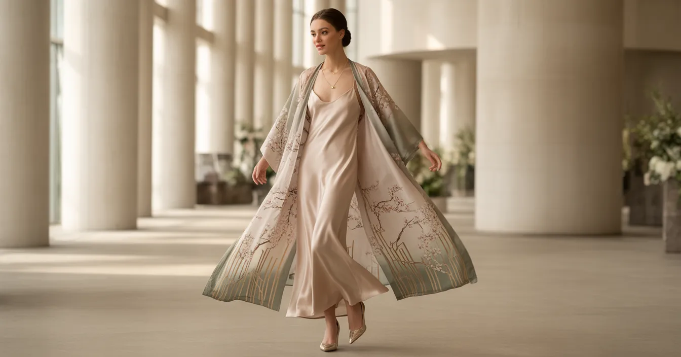 Printed Kimono Over Silk Dress