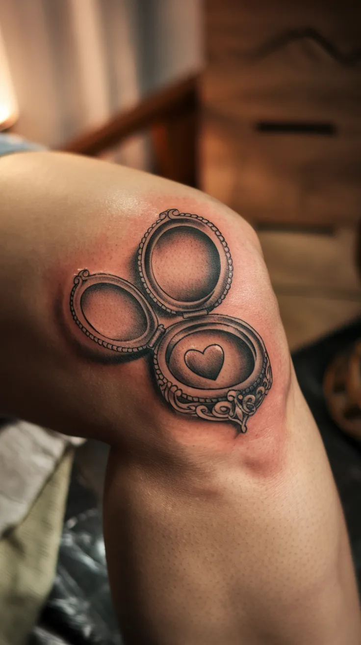 Close-up of an ornate Victorian locket tattoo on a woman's knee, slightly open to reveal a tiny heart inside, with the kneecap as the locket's center. Soft, warm, romantic lighting.