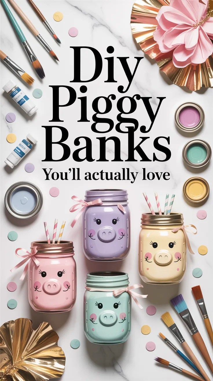 Minimalist stainless steel piggy bank on a clean nightstand with pink peonies