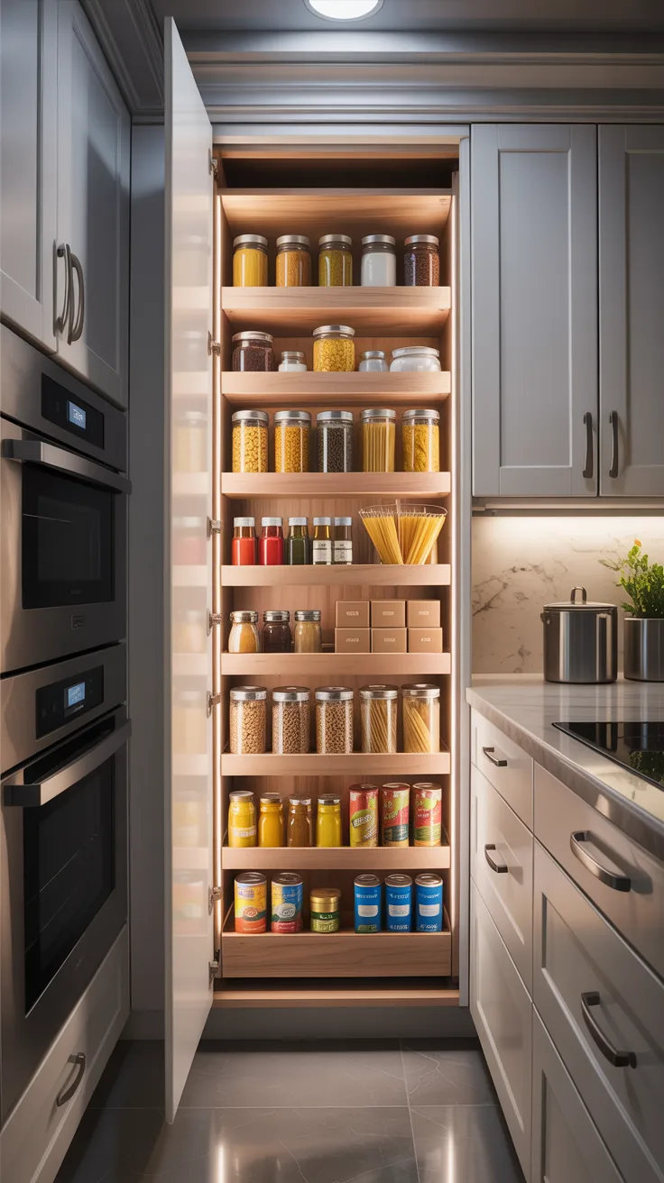 A modern kitchen interior with a tall built-in pantry cabinet featuring light wood shelves and a white interior. The pantry is filled with organized glass jars containing various dry goods and condiments. The jars are arranged on five wooden shelves, displaying yellow, brown, and clear containers with different food items. The kitchen has light gray cabinets with brushed nickel handles throughout. On the left side, there is a black built-in oven. The countertops are white marble with subtle gray veining. The backsplash is also white marble, and there is a stainless steel pot visible on the counter. The flooring is dark gray tile. The lighting is warm and creates a soft glow on the pantry shelves. The pantry door is open, revealing the full organization system. The overall color scheme consists of white, light wood, and various shades of gray, creating a clean, contemporary aesthetic.
