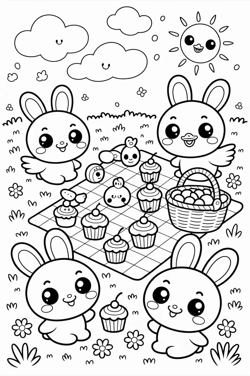 cute kawaii animals picnic coloring pages 