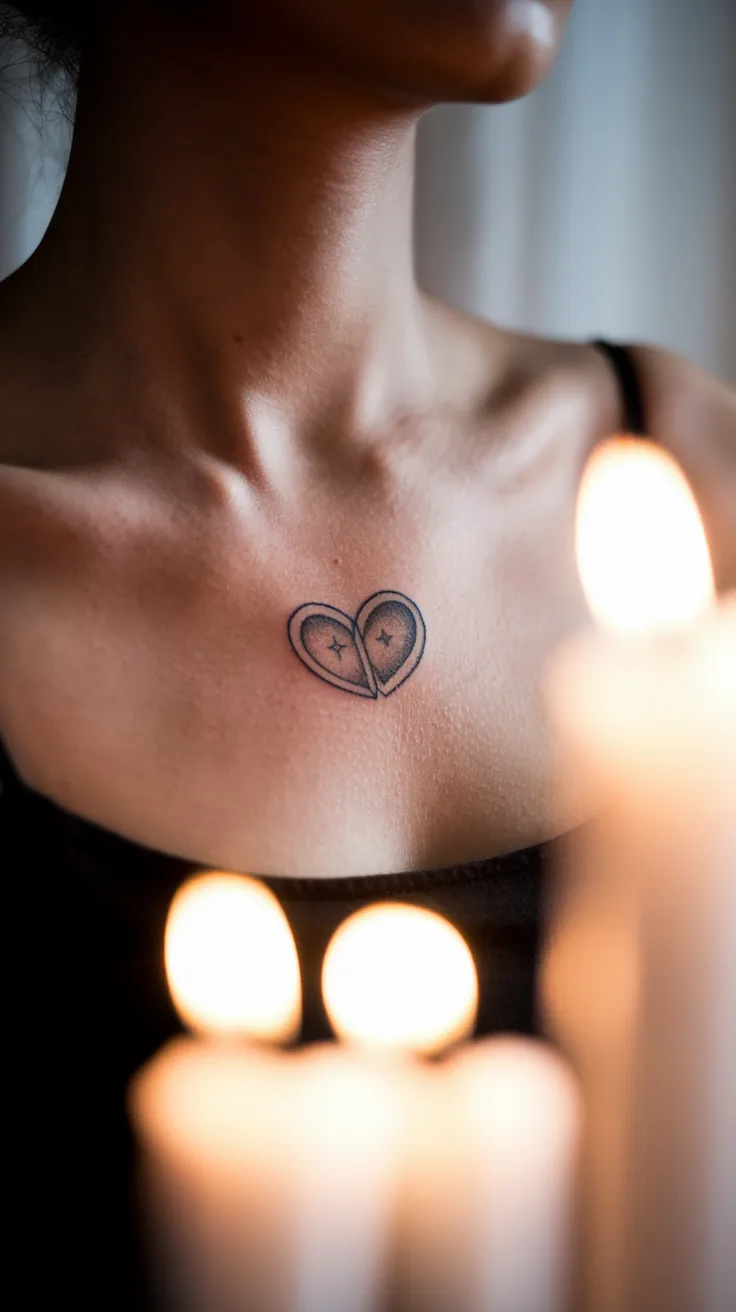 Close-up of an open heart-shaped locket tattoo on a woman's collarbone, revealing a tiny star inside. She wears a simple black top. Soft, romantic candlelight. Intimate and personal.