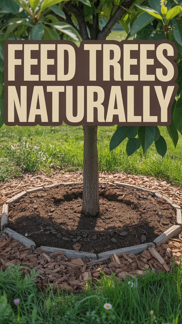 Worm castings spread around the drip line of a fruit tree to improve soil health.