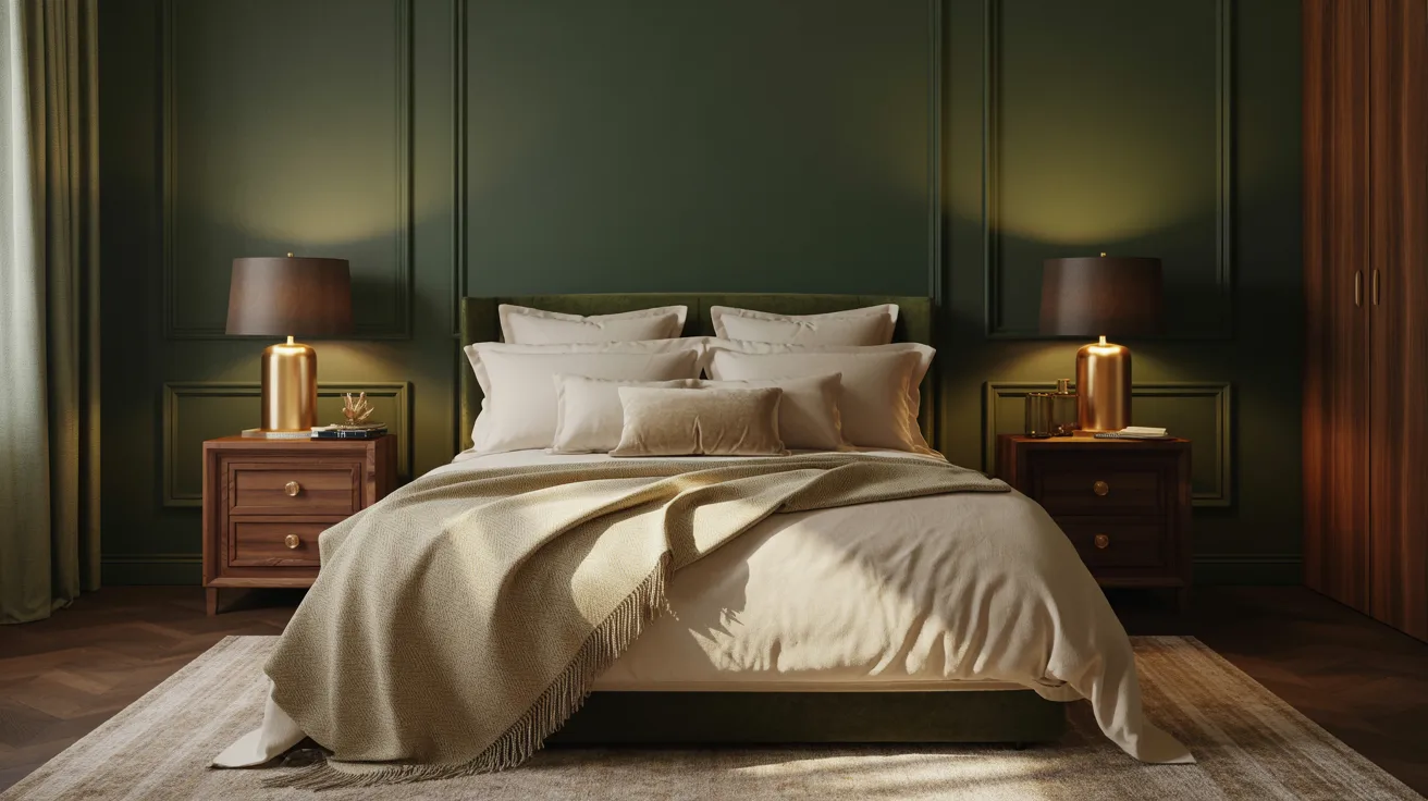 A rich dark green bedroom with moody elegance, deep olive or forest green walls, cream bedding for contrast, dark wood nightstands, warm brass lighting, plush textures,  dramatic but cozy atmosphere, refined upscale styling