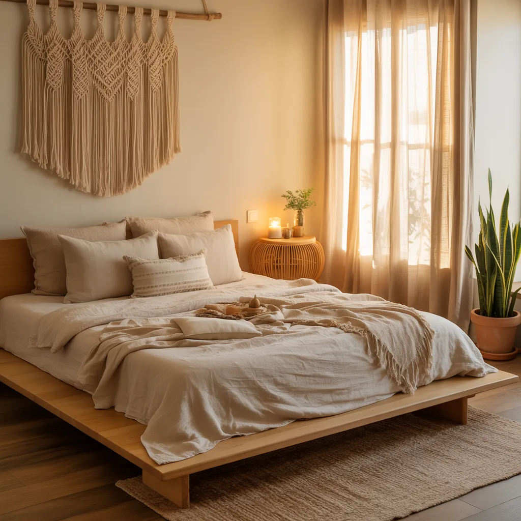 Natural boho minimalist bedroom with terracotta plant pots, rattan furniture, and warm neutral color palette