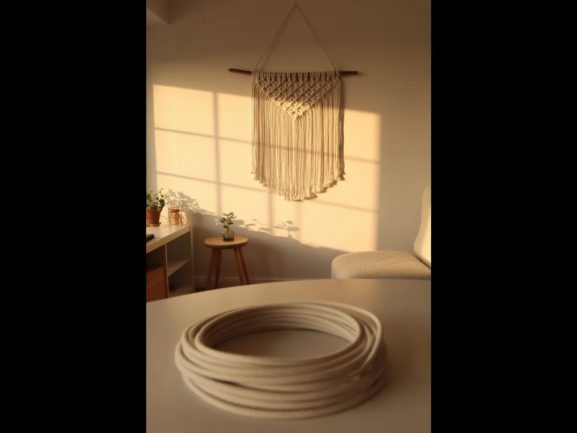 Close up of boho patio throw pillows in terracotta, cream, and dusty rose arranged on wicker chair with macrame accent and potted plant nearby