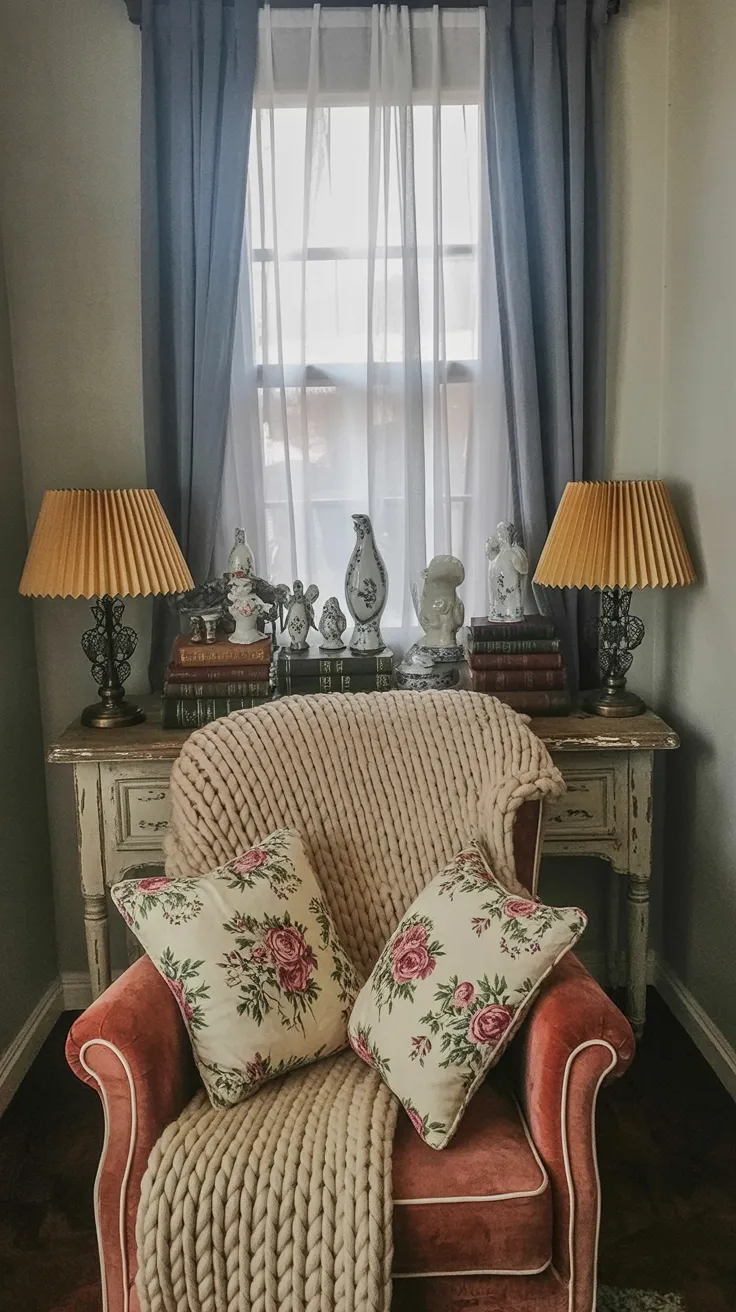 Country room with gingham textiles and wrought iron decor accents